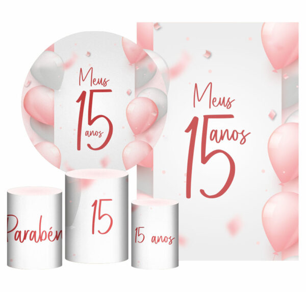 Kit Casado Meus 15 Anos Painel Redondo Trio Capas Cilindro Retangular Vertical Em Tecido