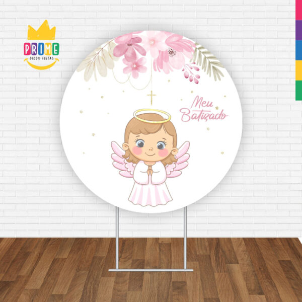 Painel Redondo 3D Meu Batizado Anjinha Tecido Sublimado - Image 2