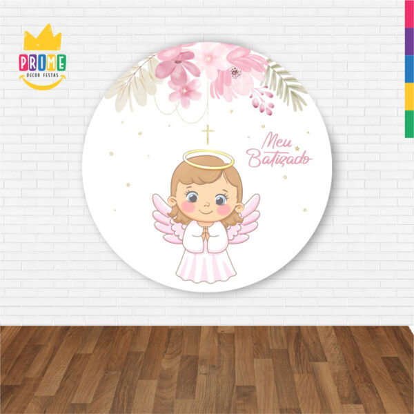Painel Redondo 3D Meu Batizado Anjinha Abre Fácil Tecido - Image 2
