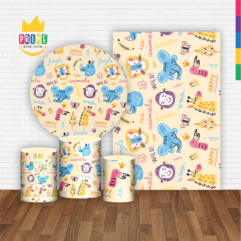 Kit Casado Zoo Baby Painel Redondo Trio Capas Cilindro Retangular Vertical Em Tecido - Imagem 2