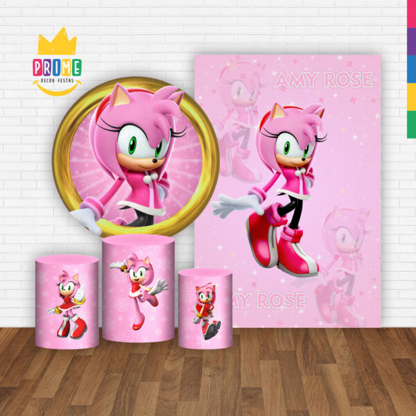 Kit Casado Sonic Amy Rose Painel Redondo Trio Capas Cilindro Retangular Vertical Em Tecido - Image 2