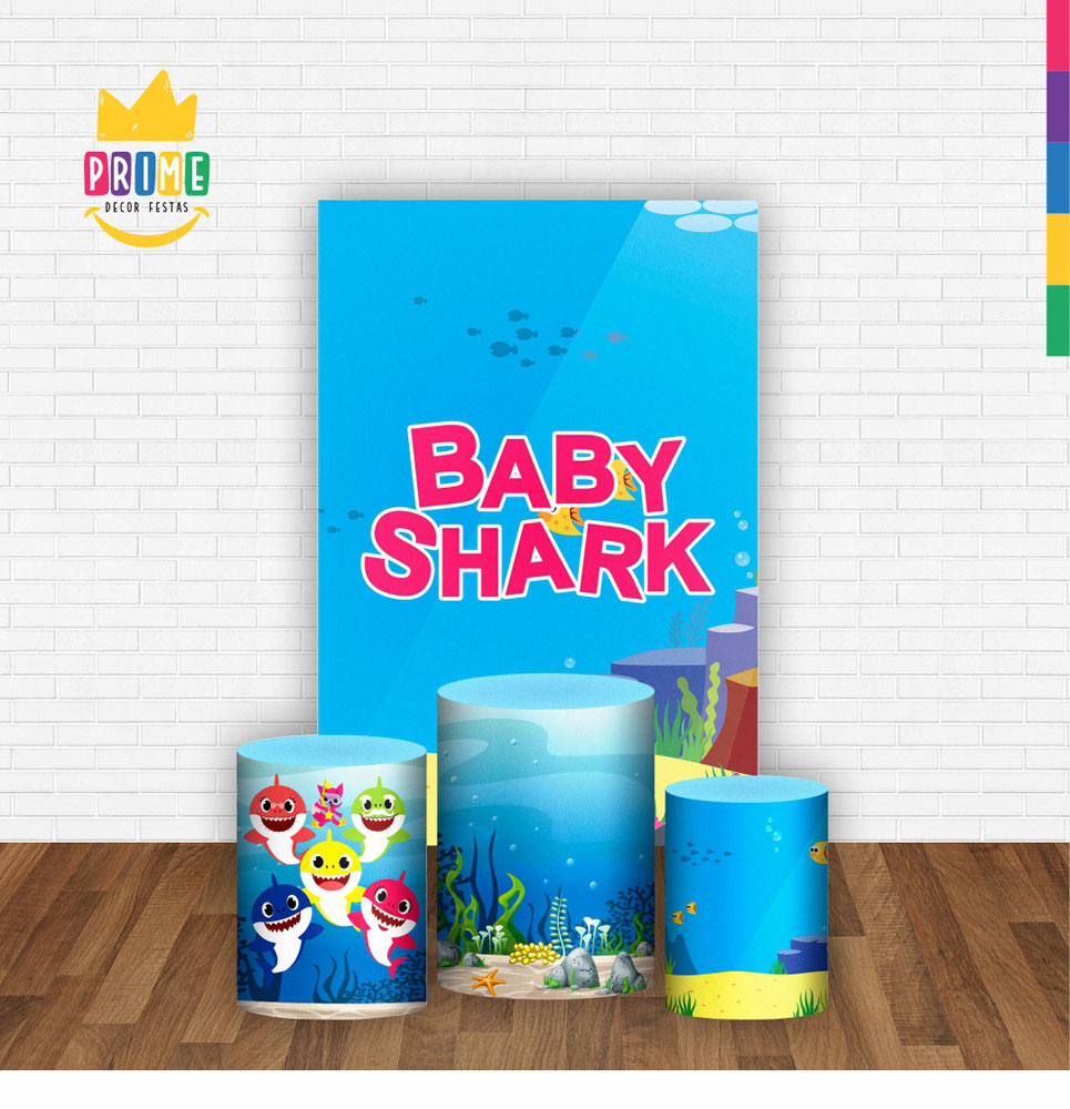 Kit Casado Baby Shark Trio Capa Cilindro Retangular Tecido - Imagem 2