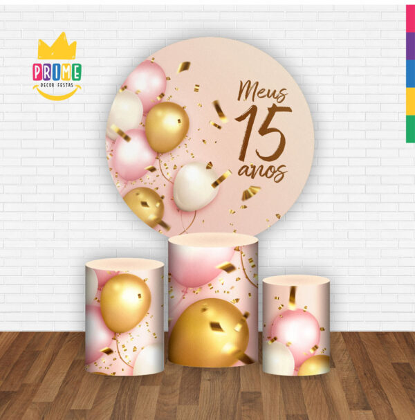 Trio Capa Cilindro + Painel Redondo 3D Meus 15 Anos 1,50m Veste Fácil - Image 2
