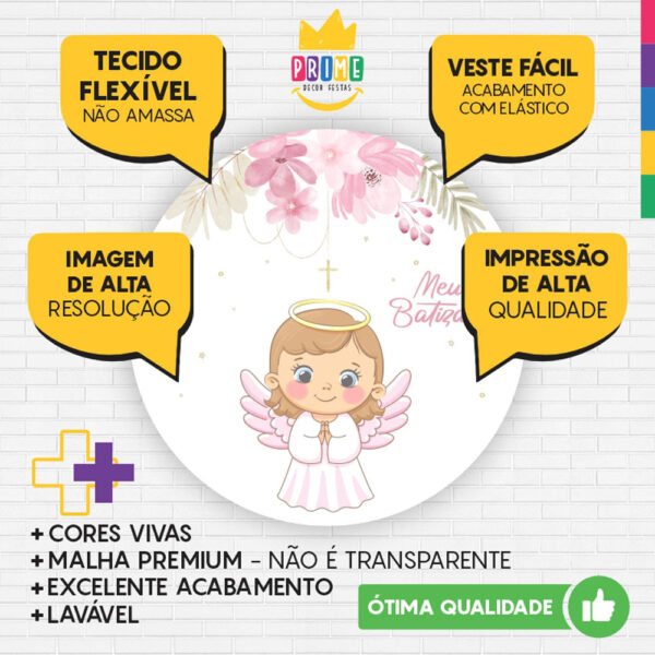 Painel Redondo 3D Meu Batizado Anjinha Tecido Sublimado - Image 3