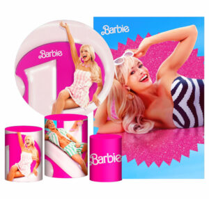 Kit Casado Barbie Rosa Painel Redondo Trio Capas Cilindro Retangular Vertical Em Tecido