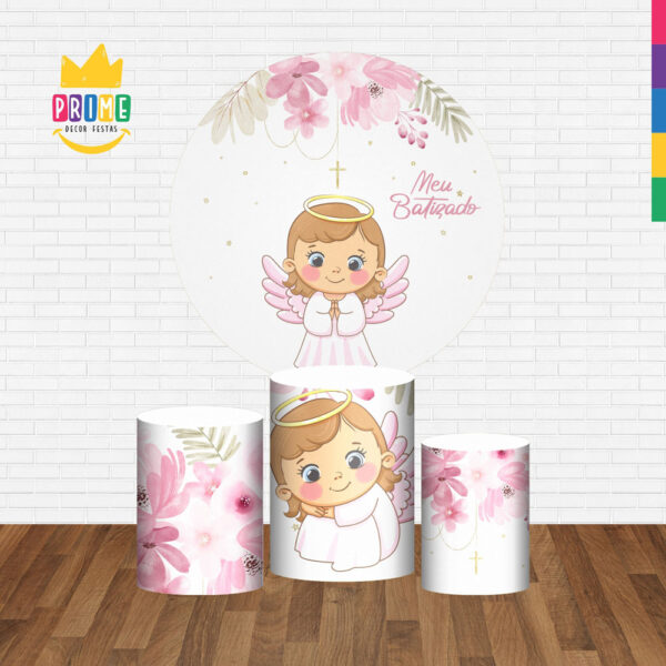 Trio Capa Cilindro + Painel Redondo 3D Meu Batizado Anjinha 1,50m Veste Fácil - Image 2