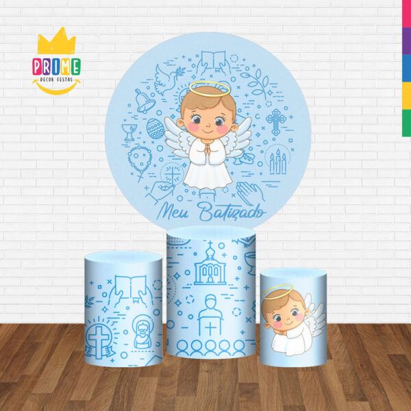 Trio Capa Cilindro + Painel Redondo 3D Meu Batizado Anjinho 1,50m Veste Fácil - Image 2