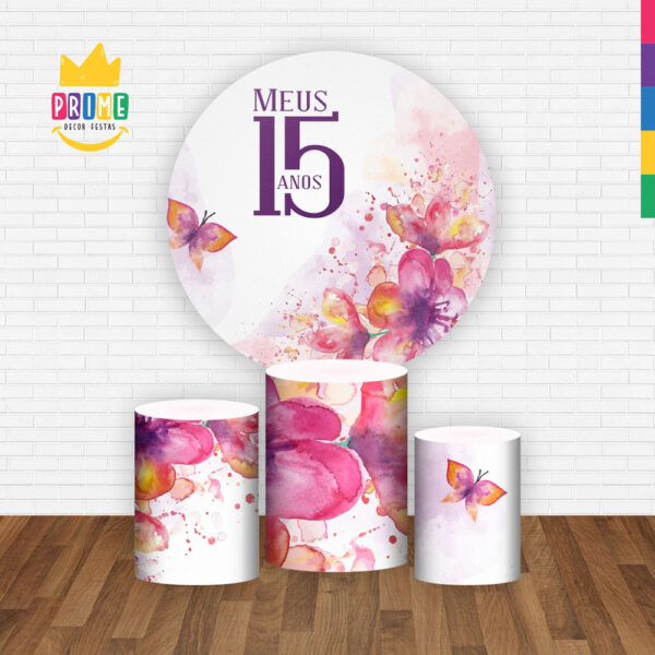 Trio Capa Cilindro + Painel Redondo 3D Meus 15 Anos 1,50m Veste Fácil - Image 2