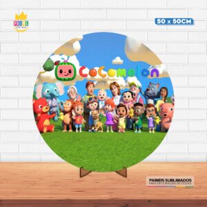 Painel Redondo 3D Cocomelon Tecido 50cm X 50cm Com Suporte MDF