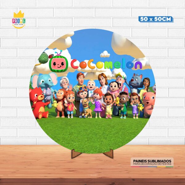Painel Redondo 3D Cocomelon Tecido 50cm X 50cm Com Suporte MDF