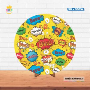 Painel Redondo 3D Comic Tecido 50cm X 50cm Com Suporte MDF