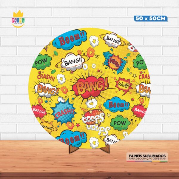 Painel Redondo 3D Comic Tecido 50cm X 50cm Com Suporte MDF