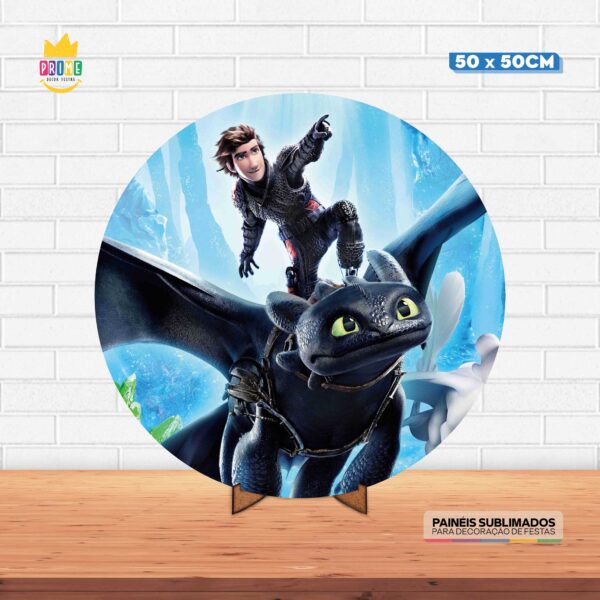 Painel Redondo 3D Como Treinar Seu Dragão Tecido 50cm X 50cm Com Suporte MDF