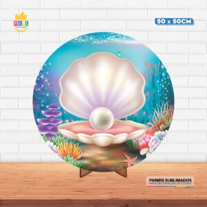 Painel Redondo 3D Sereia Tecido 50cm X 50cm Com Suporte MDF