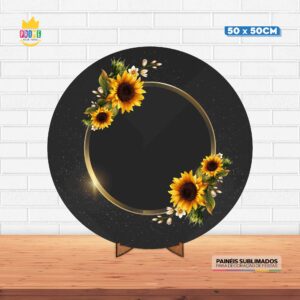 Painel Redondo 3D Girassol Tecido 50cm X 50cm Com Suporte MDF