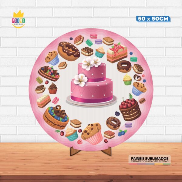 Painel Redondo 3D Confeitaria Bolo Tecido 50cm X 50cm Com Suporte MDF