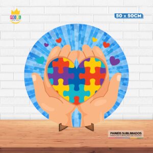 Painel Redondo 3D Autismo Tecido 50cm X 50cm Com Suporte MDF