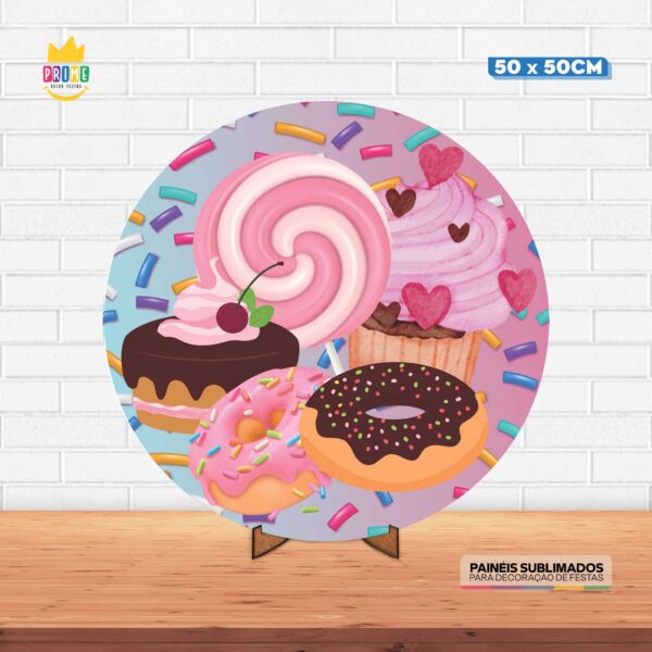 Painel Redondo 3D Candy Tecido 50cm X 50cm Com Suporte MDF
