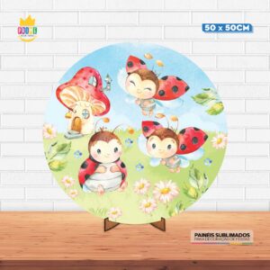 Painel Redondo 3D Joaninha Tecido 50cm X 50cm Com Suporte MDF