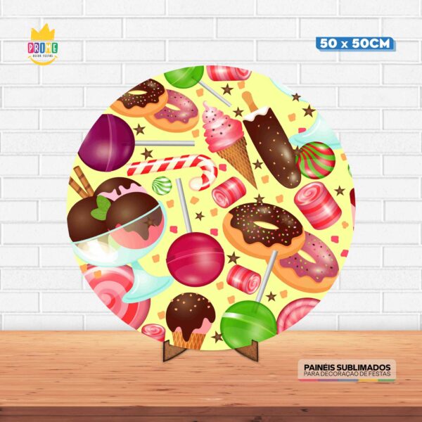 Painel Redondo 3D Candy Tecido 50cm X 50cm Com Suporte MDF