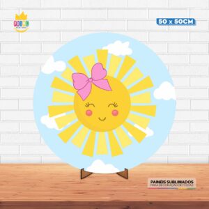 Painel Redondo 3D Sol Cute Tecido 50cm X 50cm Com Suporte MDF