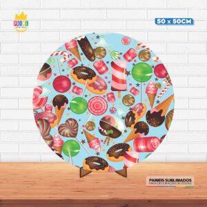 Painel Redondo 3D Candy Tecido 50cm X 50cm Com Suporte MDF