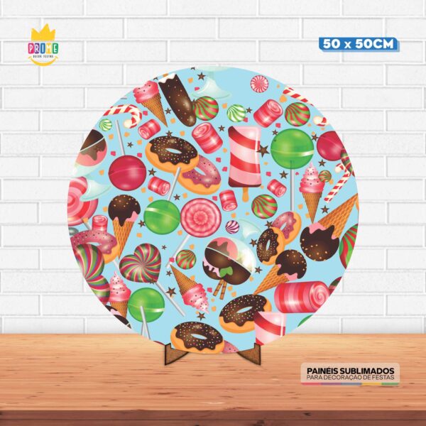 Painel Redondo 3D Candy Tecido 50cm X 50cm Com Suporte MDF