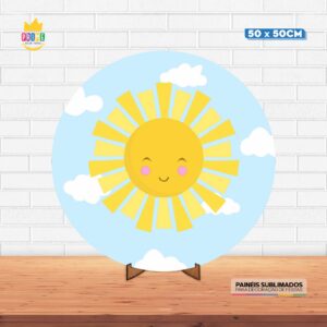 Painel Redondo 3D Sol Cute Tecido 50cm X 50cm Com Suporte MDF