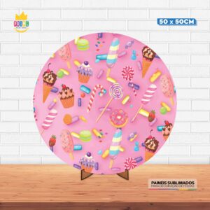 Painel Redondo 3D Candy Tecido 50cm X 50cm Com Suporte MDF