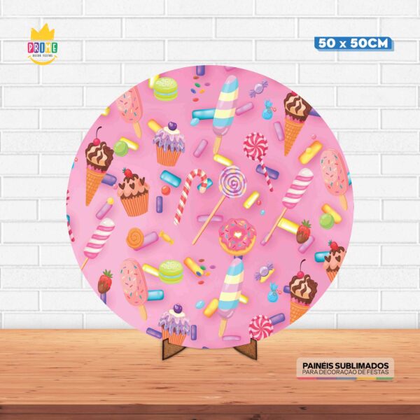 Painel Redondo 3D Candy Tecido 50cm X 50cm Com Suporte MDF
