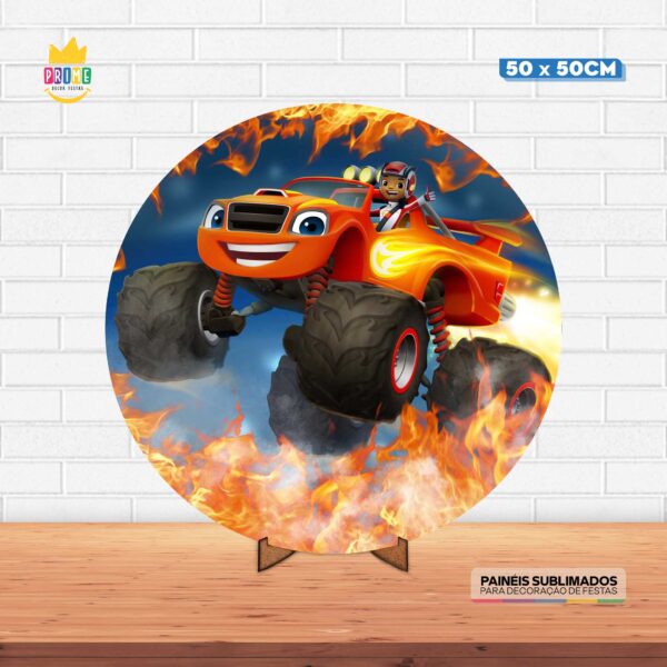 Painel Redondo 3D Blaze e os Monster Macinhe Tecido 50cm X 50cm Com Suporte MDF