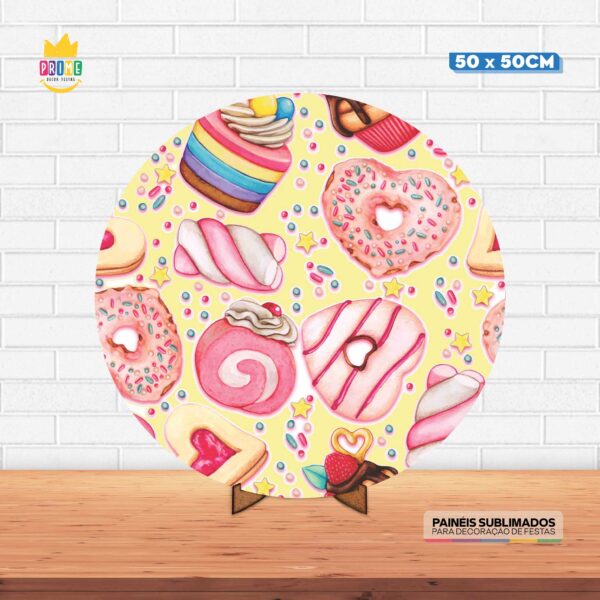 Painel Redondo 3D Doces Tecido 50cm X 50cm Com Suporte MDF