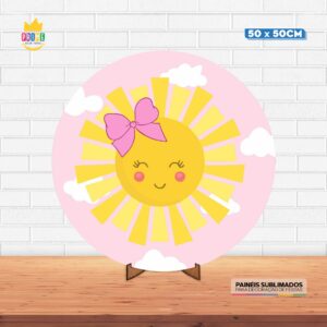Painel Redondo 3D Sol Cute Tecido 50cm X 50cm Com Suporte MDF