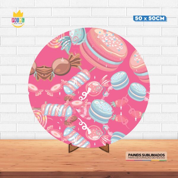 Painel Redondo 3D Doces Tecido 50cm X 50cm Com Suporte MDF