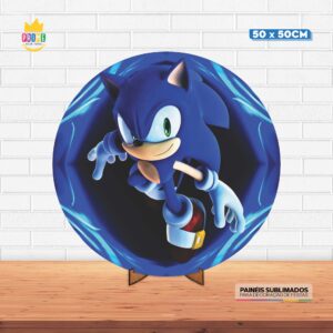 Painel Redondo 3D Sonic Tecido 50cm X 50cm Com Suporte MDF