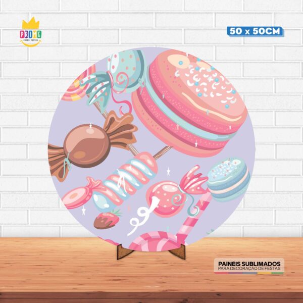 Painel Redondo 3D Doces Tecido 50cm X 50cm Com Suporte MDF