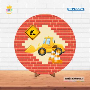 Painel Redondo 3D Construção Tecido 50cm X 50cm Com Suporte MDF