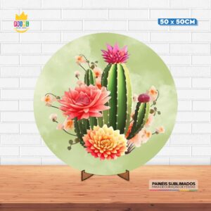 Painel Redondo 3D Cactos Tecido 50cm X 50cm Com Suporte MDF