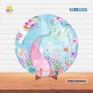 Painel Redondo 3D Cauda Sereia Tecido 50cm X 50cm Com Suporte MDF
