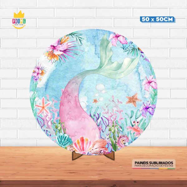 Painel Redondo 3D Cauda Sereia Tecido 50cm X 50cm Com Suporte MDF