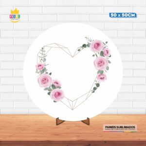 Painel Redondo 3D Coração Floral Tecido 50cm X 50cm Com Suporte MDF
