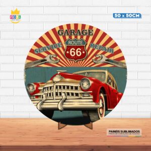 Painel Redondo 3D Carros Vintage Tecido 50cm X 50cm Com Suporte MDF