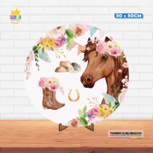 Painel Redondo 3D Cavalos Menina Tecido 50cm X 50cm Com Suporte MDF