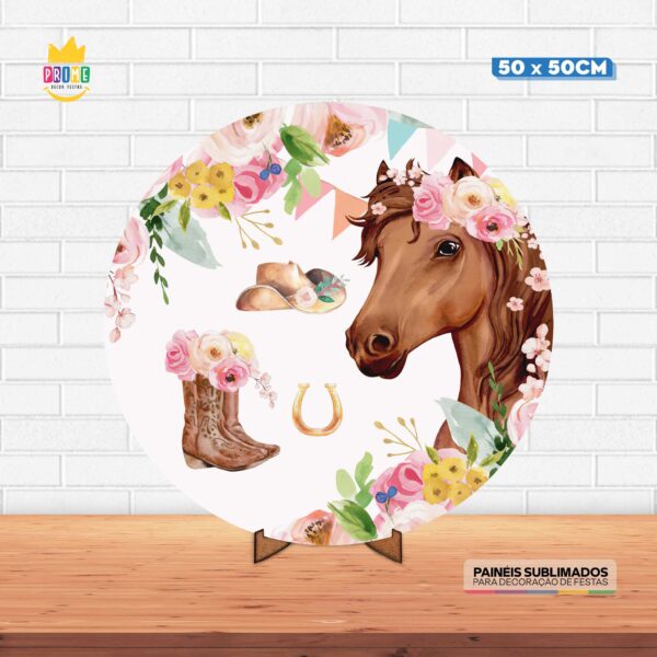 Painel Redondo 3D Cavalos Menina Tecido 50cm X 50cm Com Suporte MDF