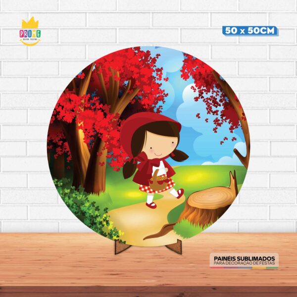 Painel Redondo 3D Chapeuzinho Vermelho Tecido 50cm X 50cm Com Suporte MDF