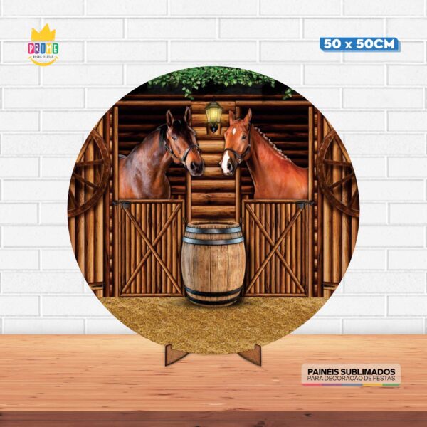 Painel Redondo 3D Cavalos Celeiro Tecido 50cm X 50cm Com Suporte MDF