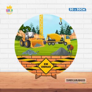 Painel Redondo 3D Construção Tecido 50cm X 50cm Com Suporte MDF