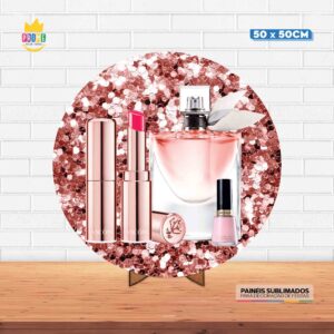 Painel Redondo 3D Maquiagem  Tecido 50cm X 50cm Com Suporte MDF
