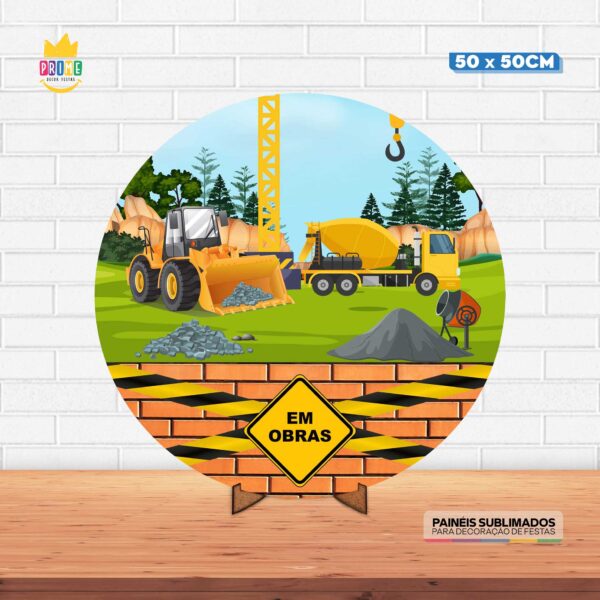 Painel Redondo 3D Construção Tecido 50cm X 50cm Com Suporte MDF