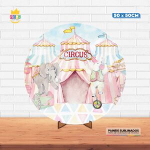 Painel Redondo 3D Circo Rosa Tecido 50cm X 50cm Com Suporte MDF